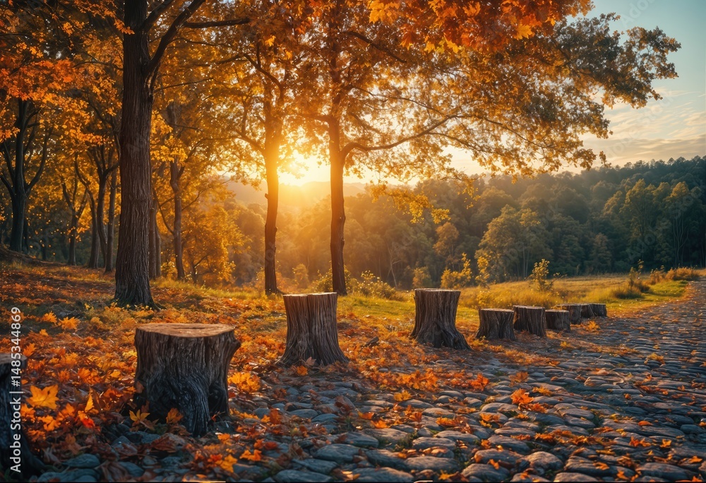 Poster a vibrant autumn forest path illuminated by the warm glow of the setting sun features weathered tree