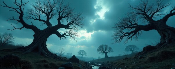 Fototapeta premium Twisted branches and gnarled trees under an ominous sky , halloween, creepy, forest