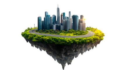 Surreal Flying Island with Modern City on Transparent Background