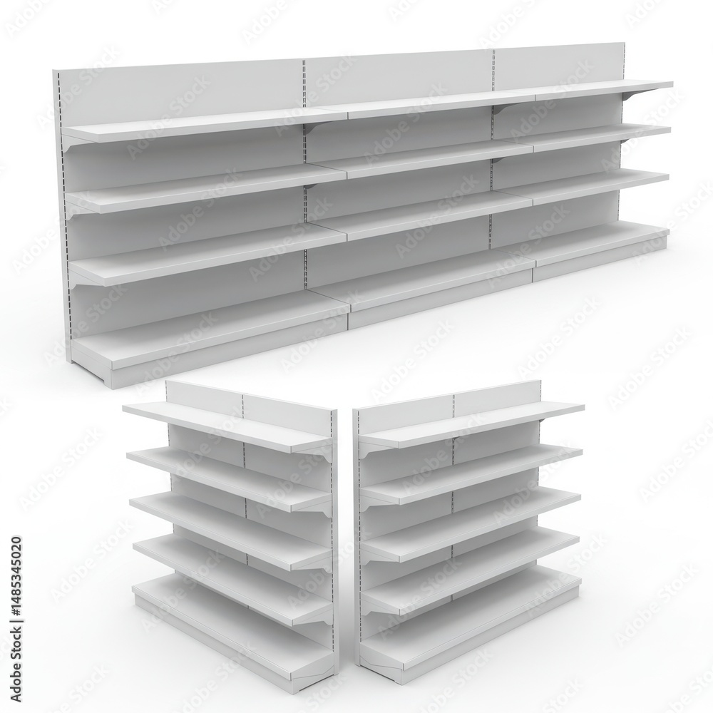 Wall mural empty store shelves isolated on white background for retail and display use.