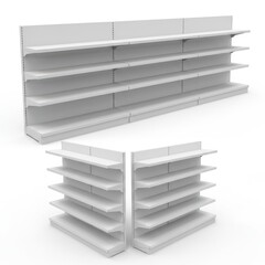 Empty store shelves isolated on white background for retail and display use.
