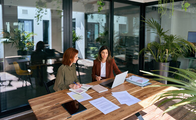 Professional ladies employee and manager having conversation looking at laptop at work. Two busy...