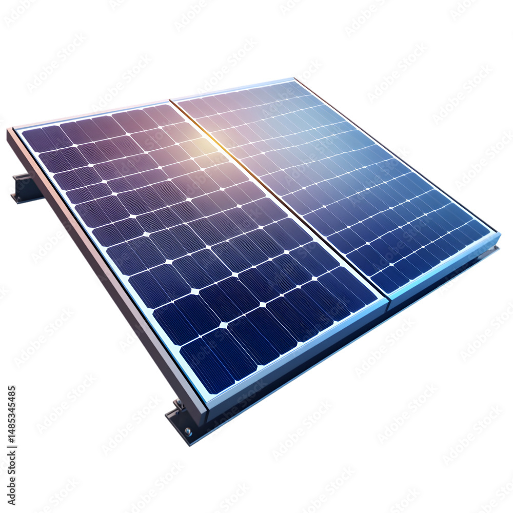 Poster close-up view of two solar panels with a metal mounting structure. the panels are positioned with an