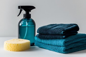 Cleaning supplies with teal towels sponge and spray bottle on a white background