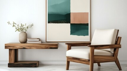 Modern Wooden Armchair and Console Table with Abstract Art