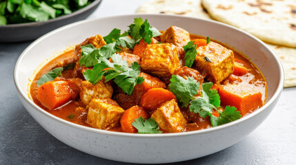 Vibrant bowl of vegan curry featuring tofu, carrots, and fresh cilantro, served with flatbread. This dish is both hearty