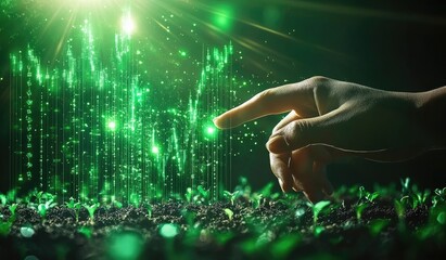 Hand touching digital growth chart over soil.  Green light,  glowing data points,  visualizing agricultural data, sustainable growth, digital overlay,  future farm tech