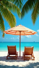 Obraz premium Two deckchairs under a striped parasol, palm trees sway nearby , summer, parasol, sun