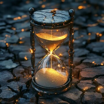 Hourglass with Grains on Dark Textured Surface Surrounded by Embers