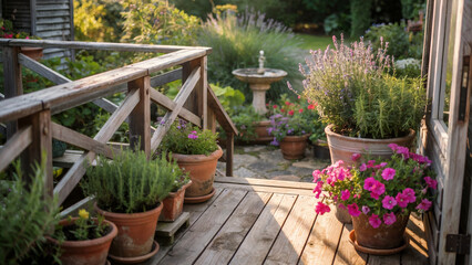 Fototapeta premium A charming sunlit patio garden featuring terracotta pots overflowing with vibrant flowering plants