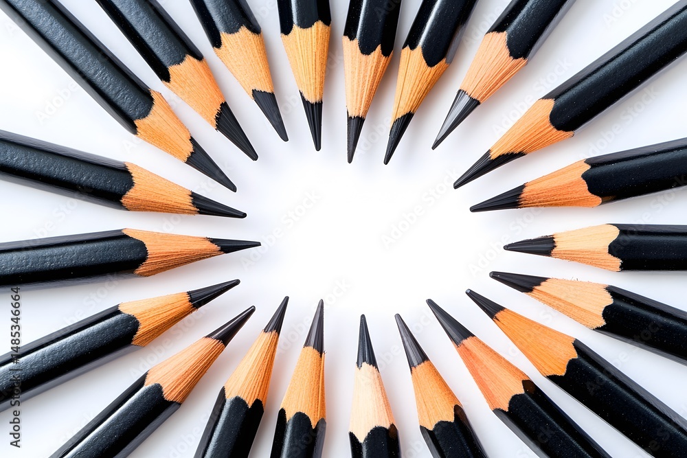 Aufkleber close up of a circular arrangement of sharpened black pencils on a clean white background with copy 