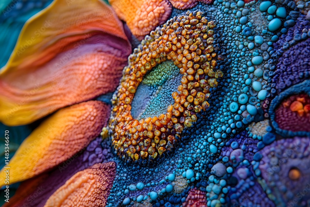 Poster close up of a beautifully textured macro abstract artwork with vibrant and colorful elements in deta