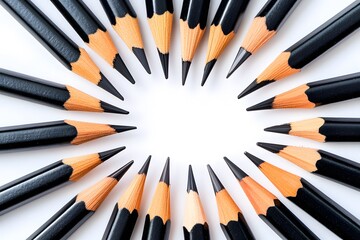 Fototapeta premium Close up of a circular arrangement of sharpened black pencils on a clean white background with copy space