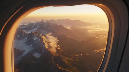 Fototapeta premium Majestic Mountain Range at Sunrise from Airplane Window