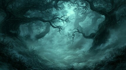 Fototapeta premium Dark Teal Forest Path: Mystical Night Woods