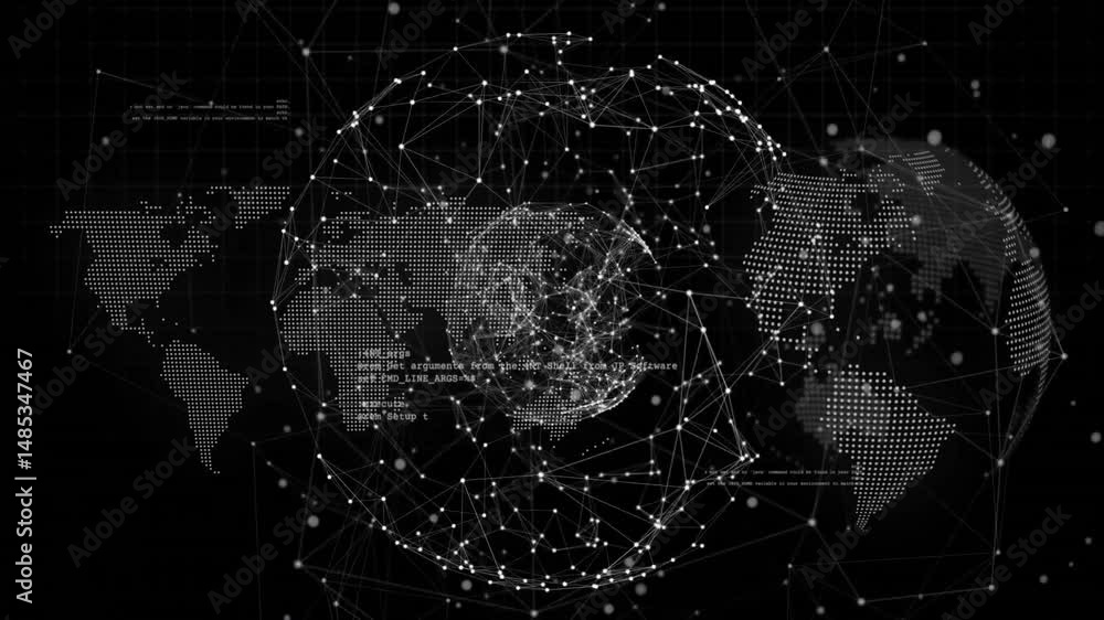 Poster central network sphere glowing, radiating lines over dotted world map, overlaying code in 3d render