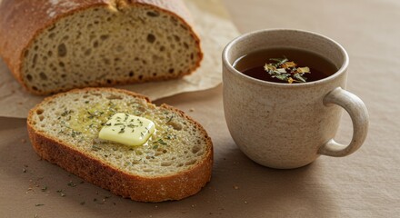 Freshly baked bread slice with butter next to cup of herbal tea  