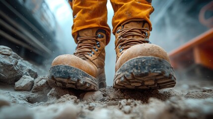Close-up of rugged work boots standing on a dusty construction site, showcasing durability and resilience in a challenging environment