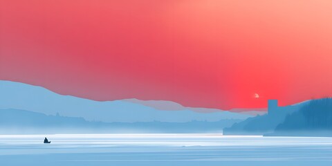 Serene Waterscape at Sunset: A tranquil moment captured as the sun dips below the horizon, painting the sky with hues of pink and red, mirroring the peaceful water below.
