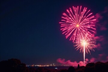 Vibrant fireworks explode in the night sky, illuminating the darkness with colorful bursts , majestic, amazing, background