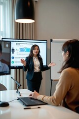 Virtual Presentation on AI Ethics: Forties East Asian Female in Business Casual Delivers AI Accountability Slides to Online Audience from Home Office