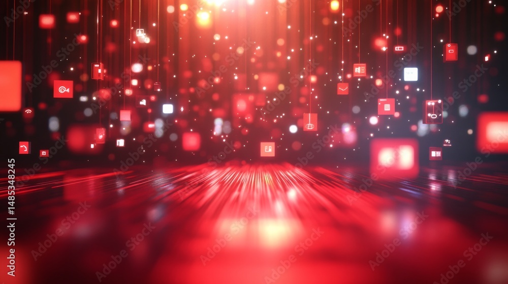 Poster a red background with many small red squares and circles