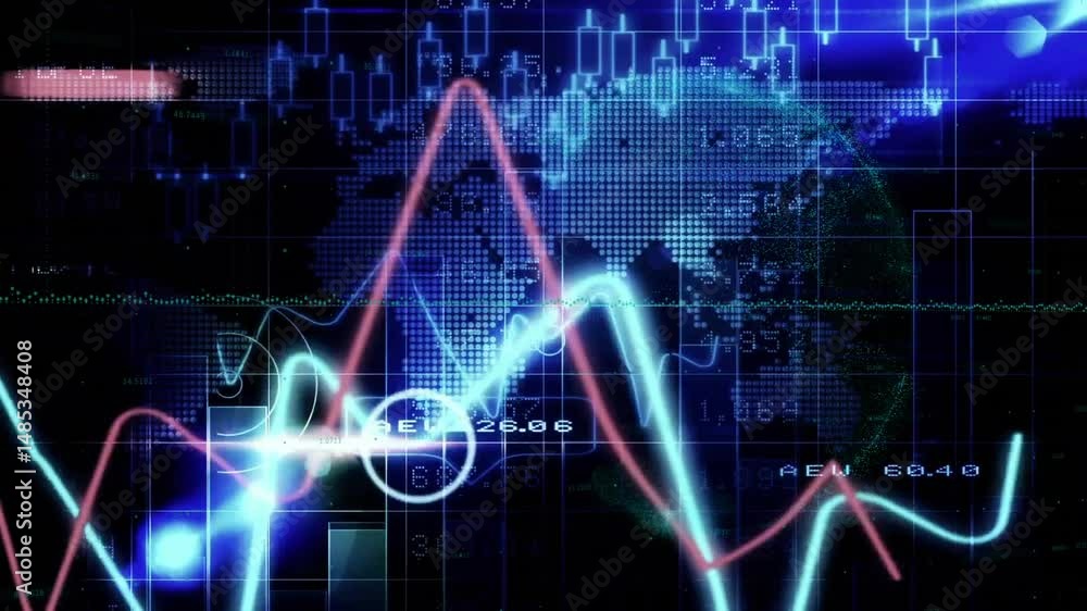 Poster digital data interface on transparent background showing grid, moving waveforms, floating points