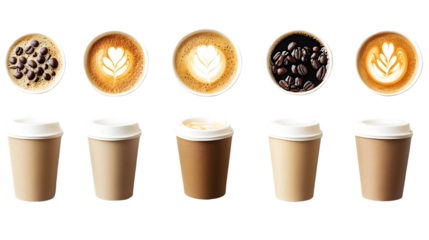 Collection of Various Coffee Latte Takeaway Cups for Drink Packaging and Cafe Marketing
