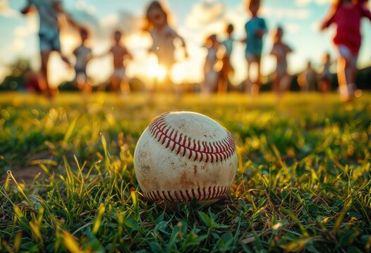 a worn baseball rests in the foreground of a grassy field as a group of children run playfully in the warm golden light of sunset.
