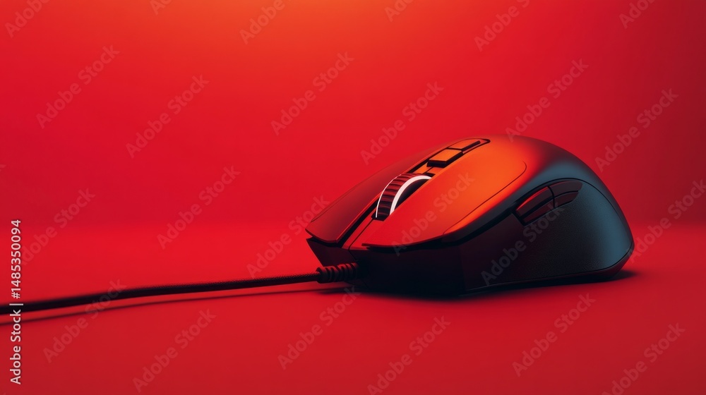 Poster a black computer mouse is sitting on a red background