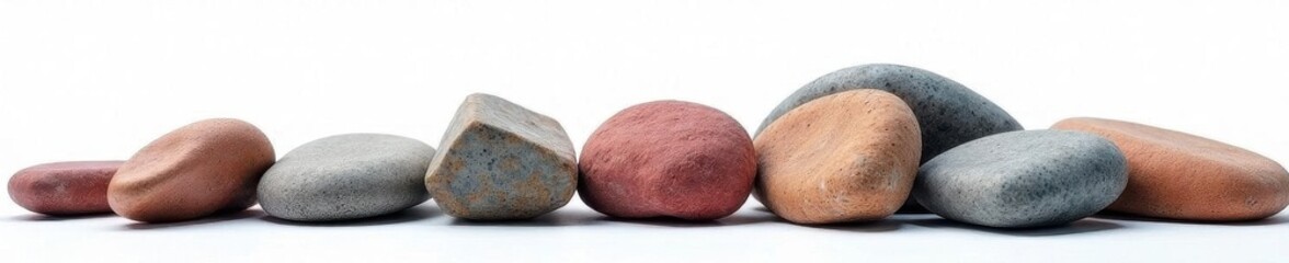 Varied shaped stones clustered, clean white backdrop , natural stone, rock formation