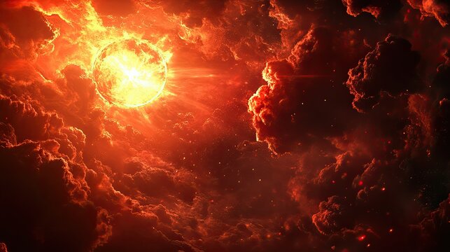 Dramatic sunset sky filled with billowing clouds illuminated in vibrant shades of orange, - Powered by Adobe