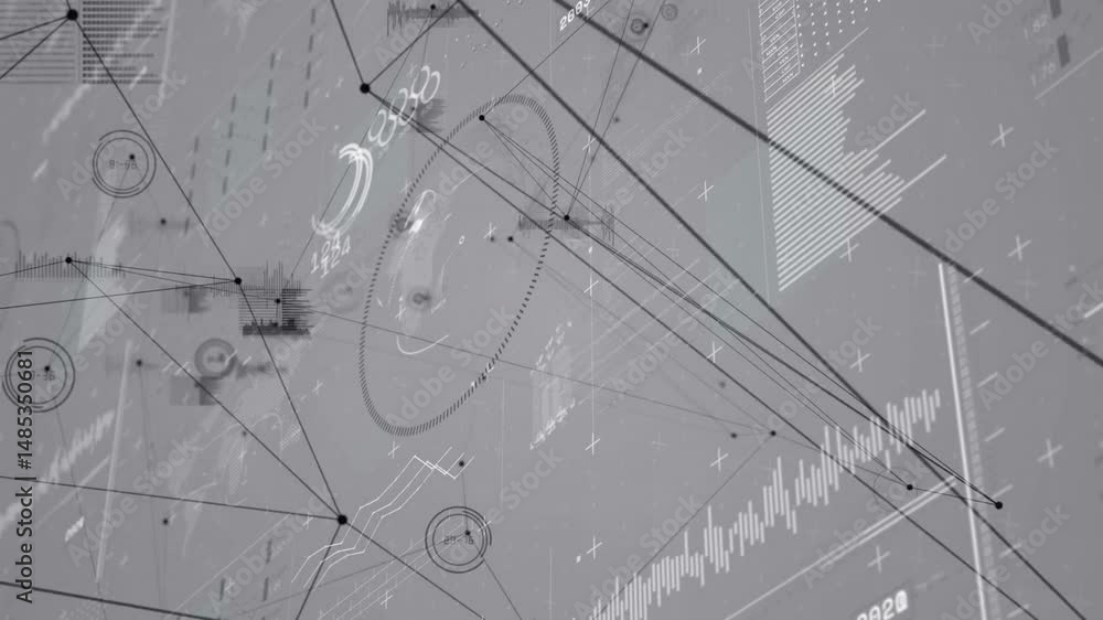 Poster thin black lines connecting circular nodes, animating data overlays in flat design style