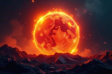 Fiery orb of blazing inferno, intense heat and light , burning sphere, nature, sparks