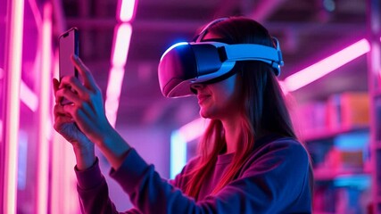 Caucasian woman using virtual reality headset and smartphone in a futuristic neon lit store. New innovative technology, augmented digital world concept. - Powered by Adobe