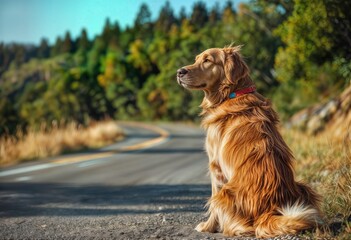 Obraz premium a golden retriever sits attentively beside a winding road, gazing into the distance with a backdrop of lush green trees.