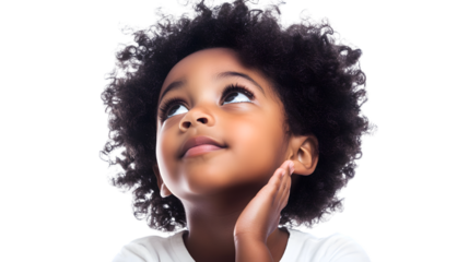 Inspirational Black Child Gazing Up Thoughtfully on Clean White Background