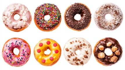 A row of donuts with various toppings, including chocolate, sprinkles, and nuts
