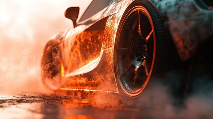 A sleek, dark sports car is shown from a rear angle,