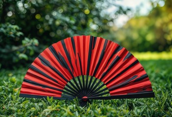 a vibrant red and black folding fan rests on a bed of lush green grass with a blurred garden backdrop.