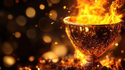 A golden trophy with ornate detailing sits on a black pedestal,