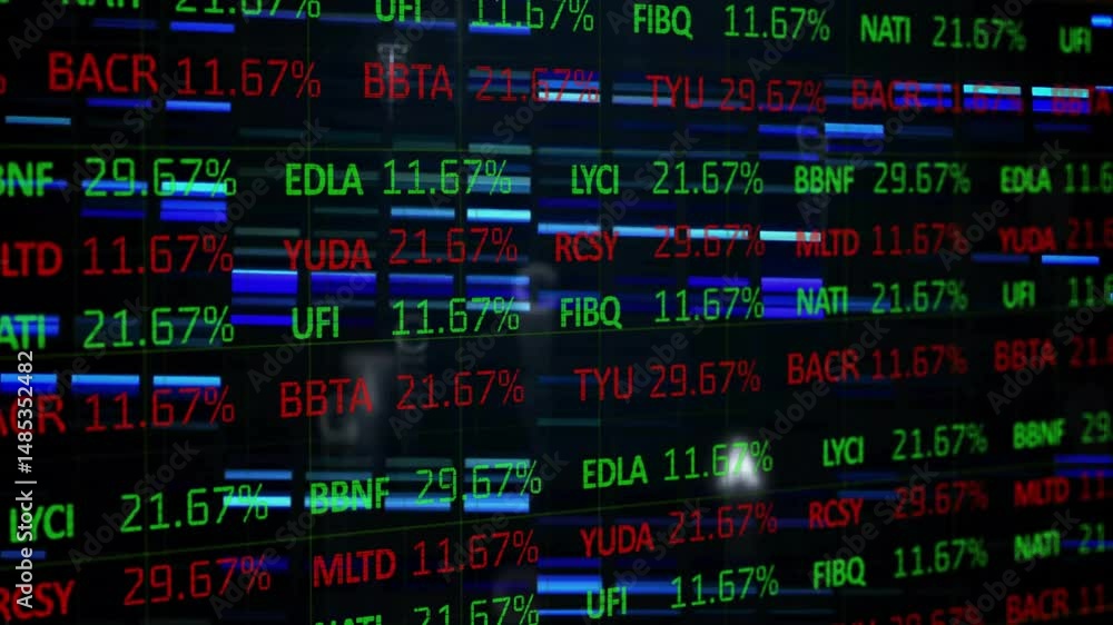 Poster digital market data display scrolling across dark grid background showing green red stock symbols