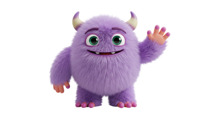 A fluffy purple monster with small horns waving its hand against a black background in a studio shot business, data