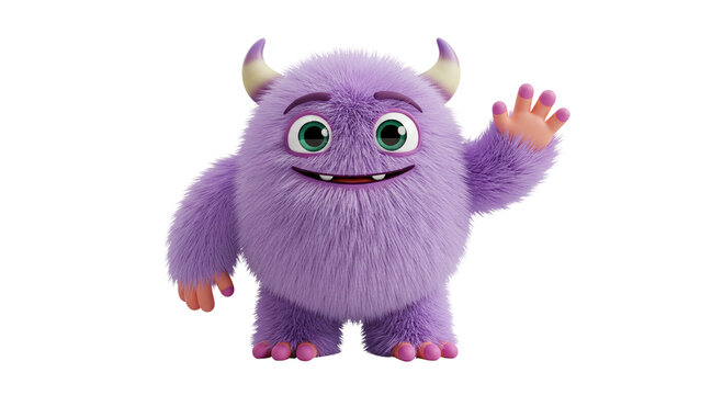 A fluffy purple monster with small horns waving its hand against a black background in a studio shot business, data