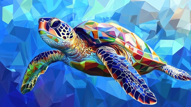 A vibrant, colorful digital illustration of a sea turtle swimming underwater against a geometric blue background.