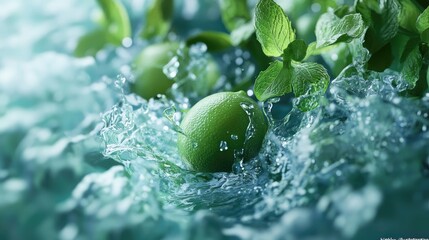 A vibrant splash of water featuring sliced limes,