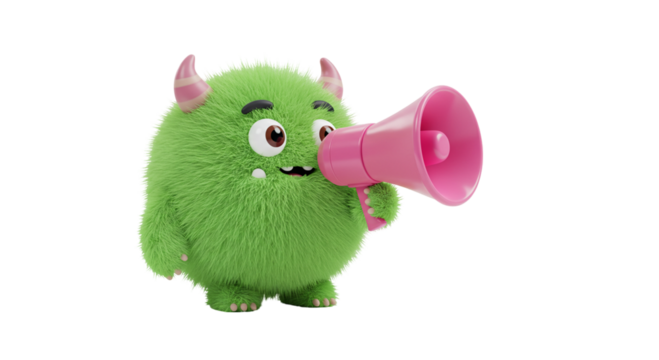 A green furry monster with pink horns and a pink megaphone on a black background is communicating business, data
