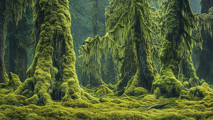 A mossy forest with gnarled trees and rocks covered in vibrant green moss, creating an otherworldly landscape.