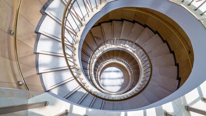 Modern spiral staircase with metal railings and wooden steps, top view of winding stairs in contemporary building, architectural design, elegant curves, geometric pattern, bright natural light
