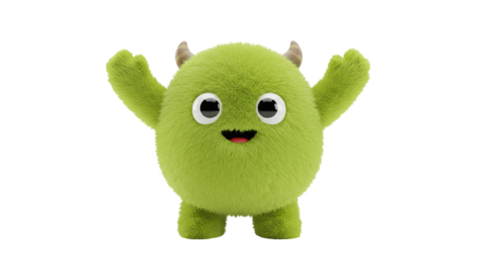 A fluffy green monster with arms raised smiling and standing against a black background in a studio shot business, data